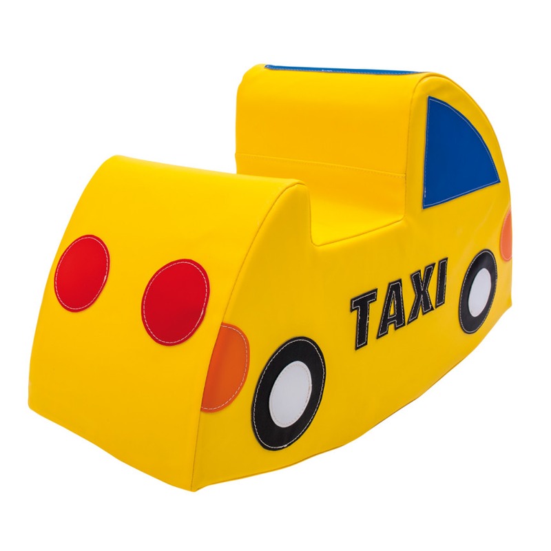 Bujak dla dzieci Taxi — ujęcie z przodu pokazujące siedzisko z lekkiej pianki i detale dekoracyjne, wymiary 79 x 30 x 47 cm