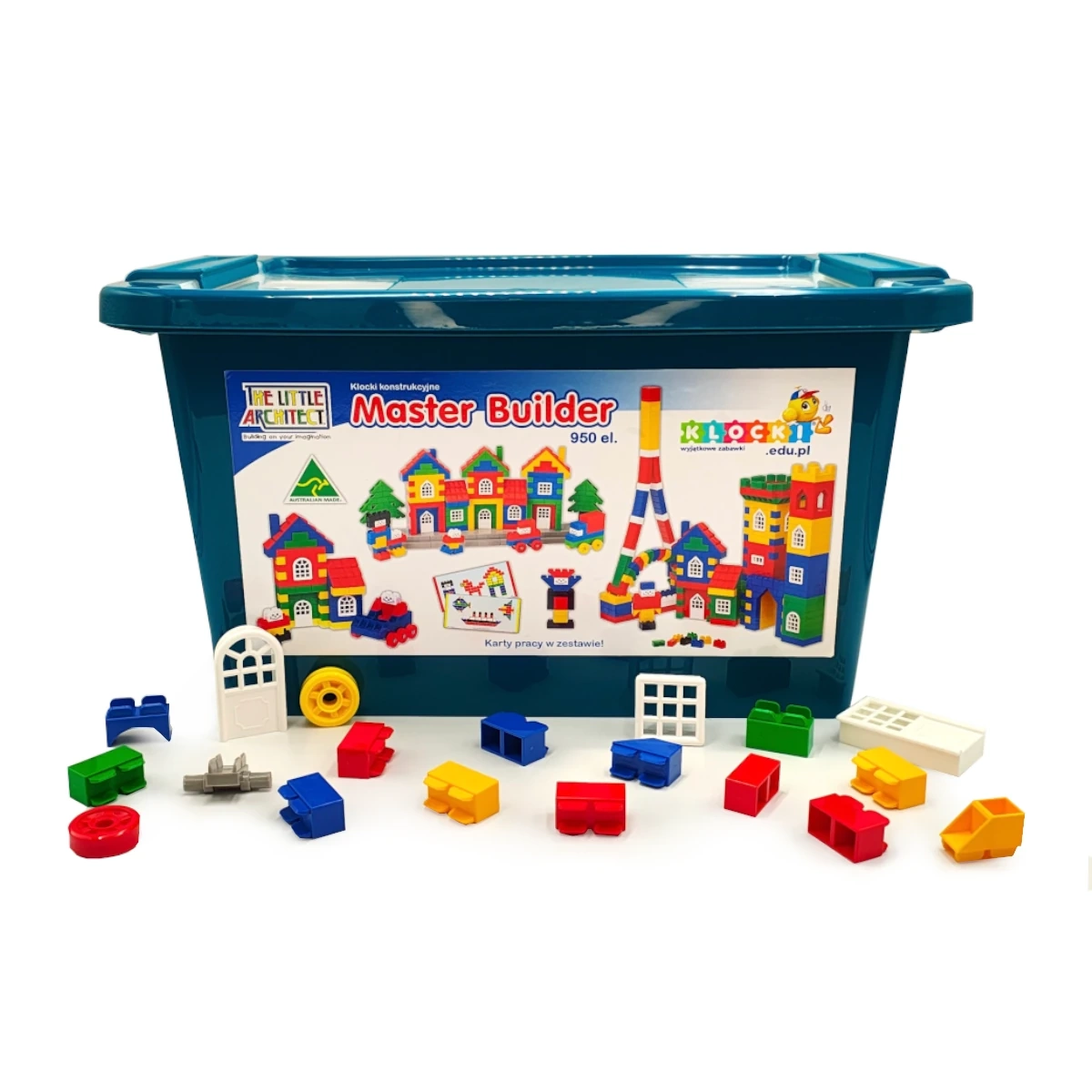 Klocki Master Builder 950 el. — widok zestawu z elementami i pudełkiem