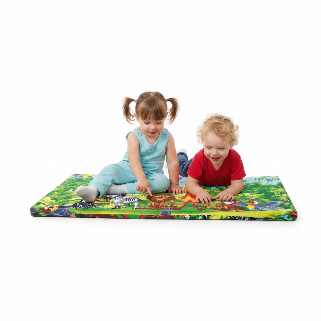 Materac bawełniany przedszkolny 60 × 130 × 8 cm — widok z góry z widocznym bawełnianym pokryciem w dziecięcy motyw