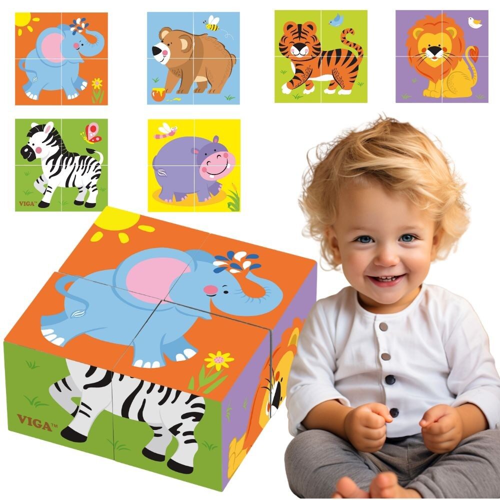 Drewniane klocki z ilustracją lwa w układance Zoo Puzzle od Viga