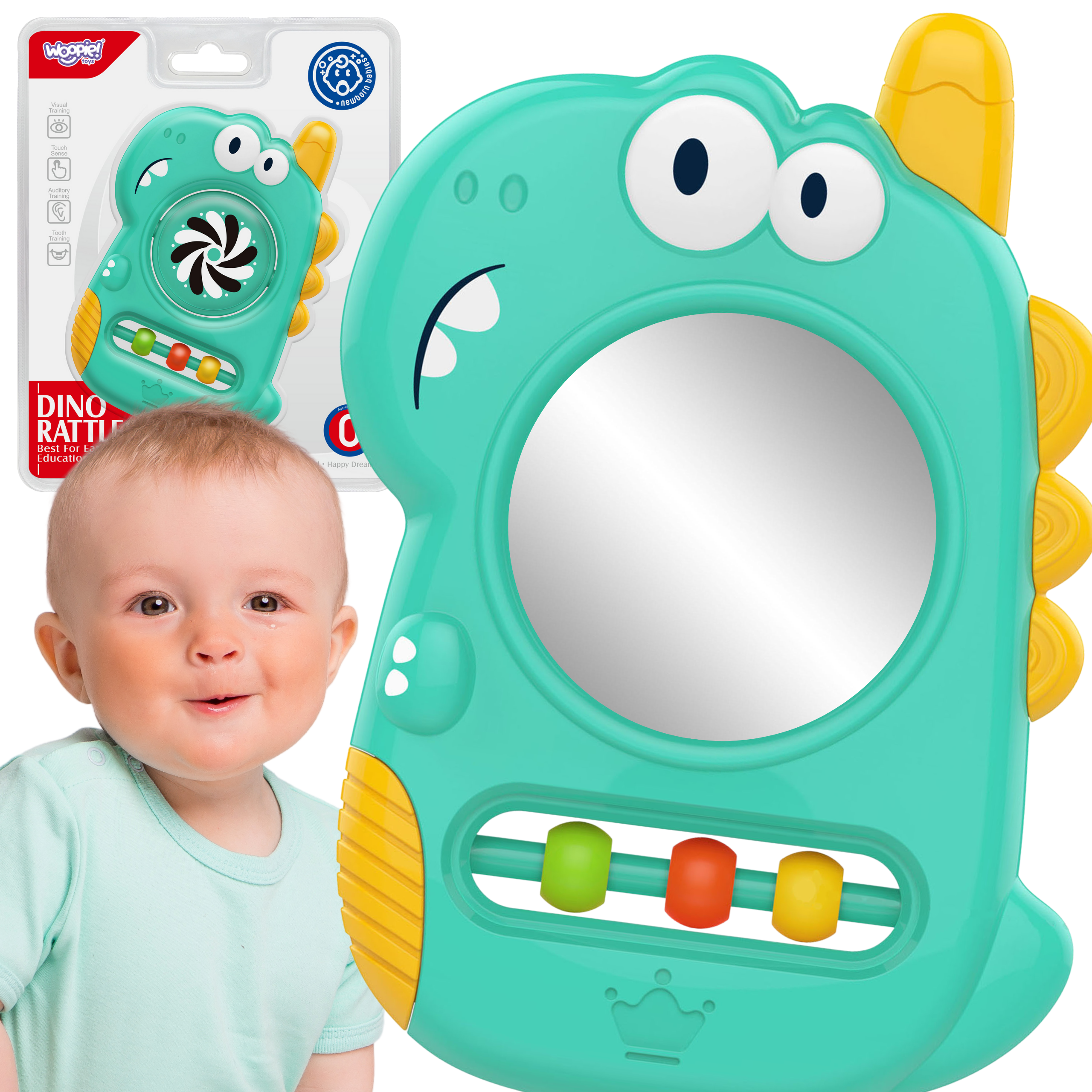 Zabawka sensoryczna 3w1 WOOPIE Baby gryzak lusterko Dino