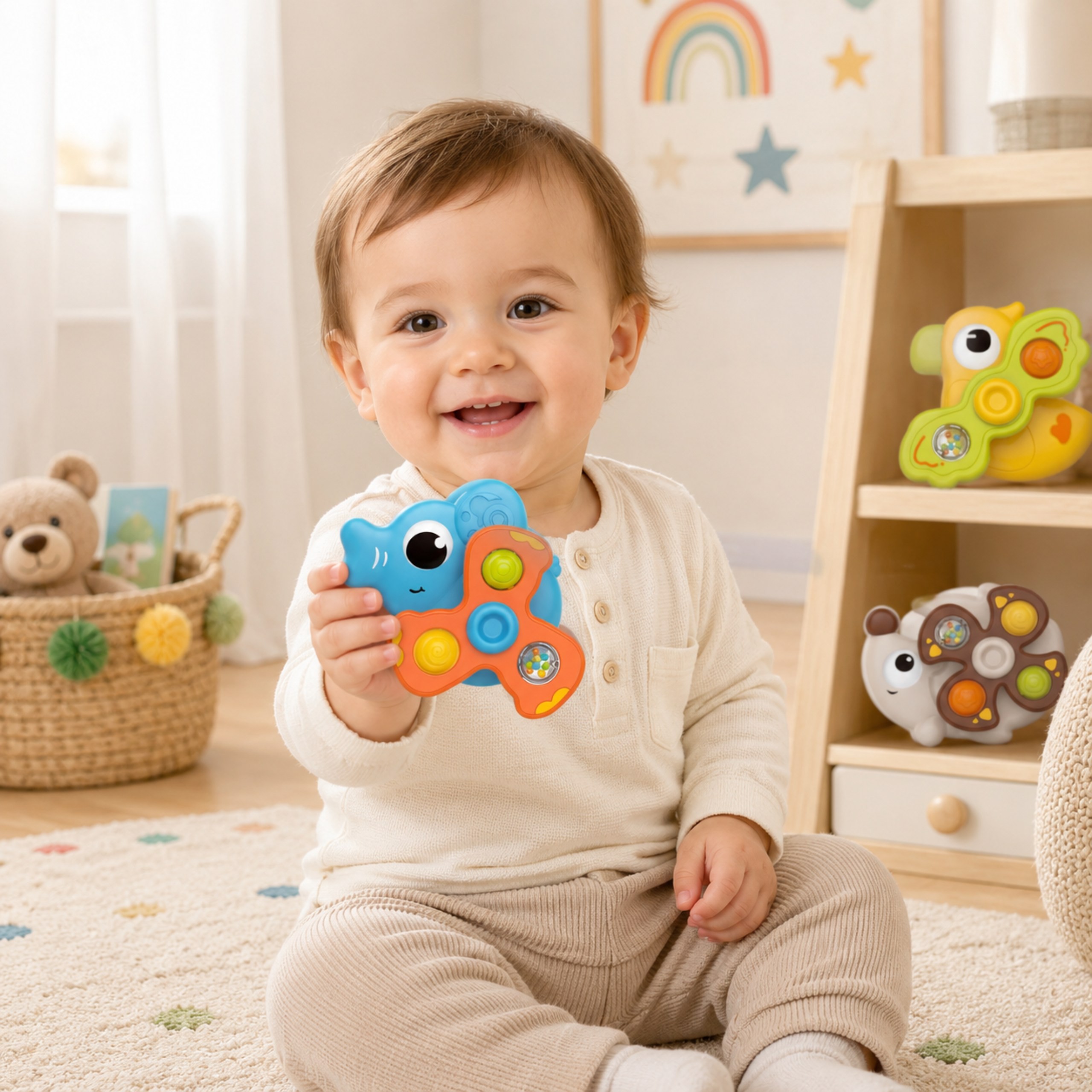Bączki sensoryczne Woopie Baby – szczegóły kolorowych wypustek i grzechoczących kuleczek