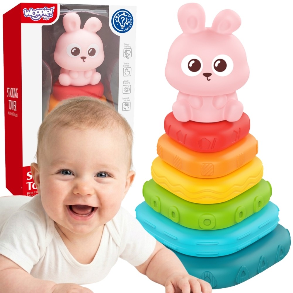 Piramidka sensoryczna Woopie Baby z króliczkiem i 7 elementami