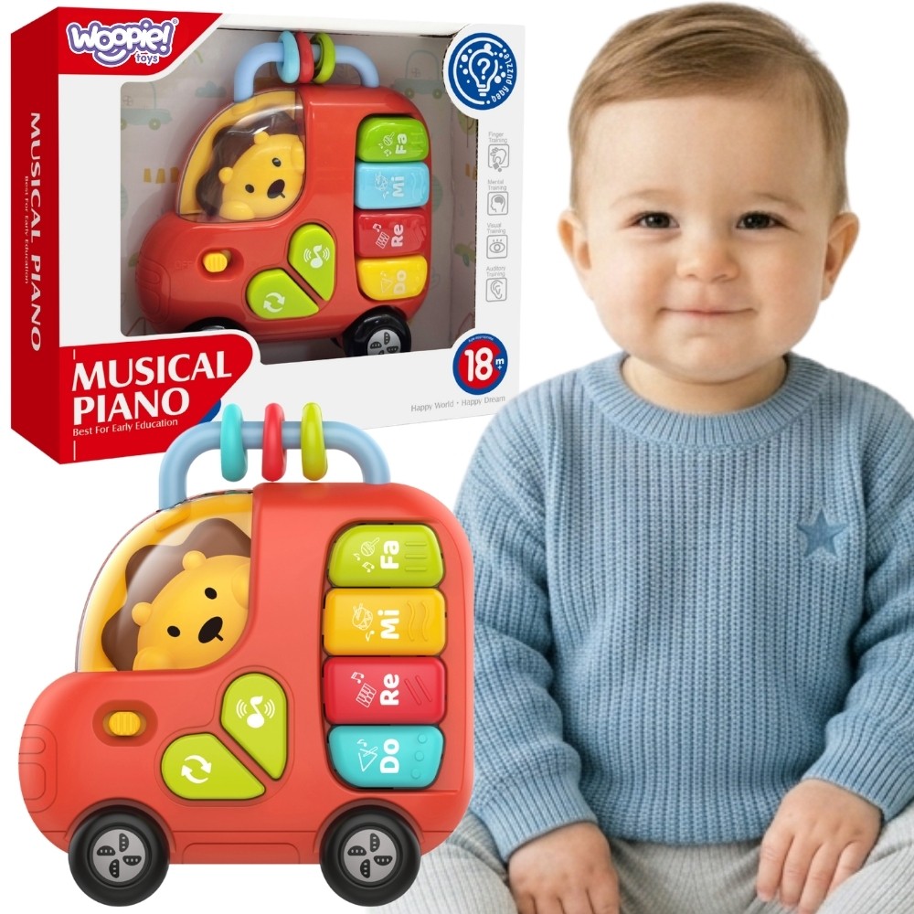 Interaktywne pianinko autobus Woopie Baby czerwone z lwem
