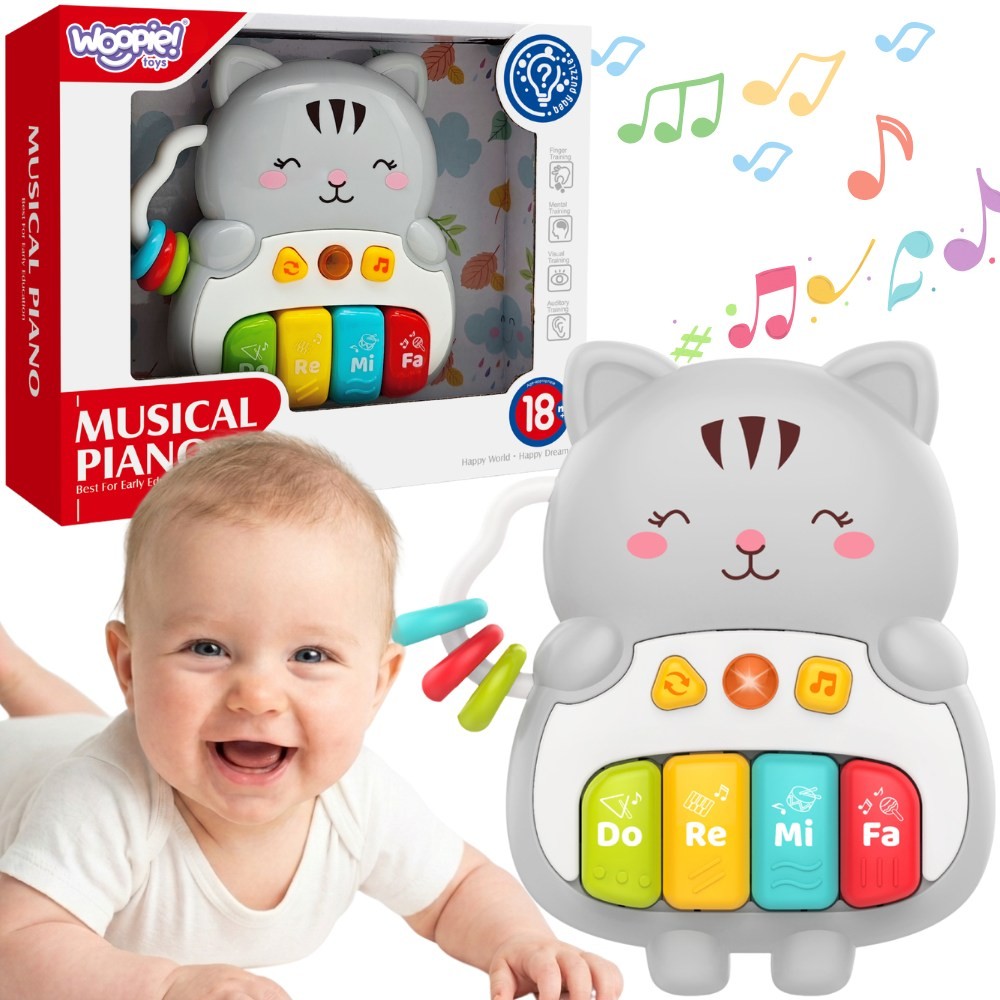 Interaktywne pianinko Woopie Baby w kształcie szarego kotka