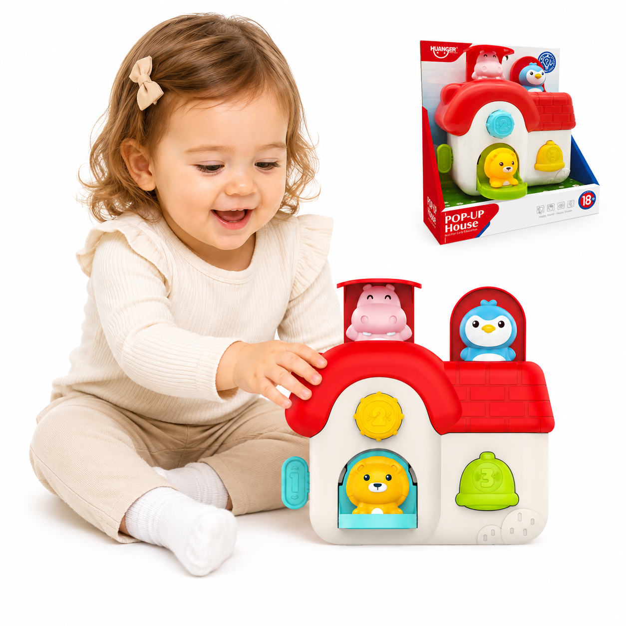 Interaktywny domek pop-up Woopie Baby z trzema zwierzątkami i elementami manipulacyjnymi