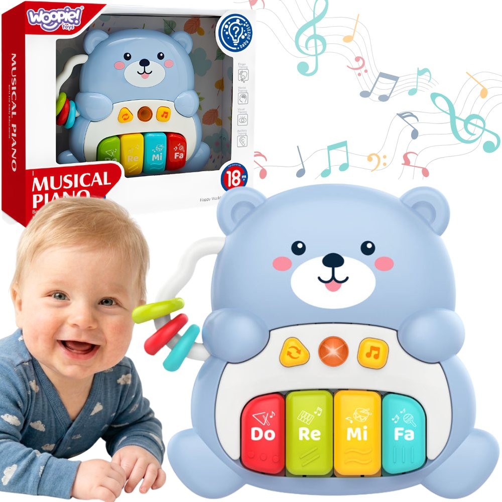 Interaktywne pianinko Miś Woopie Baby jasnoniebieska zabawka edukacyjna dla dzieci