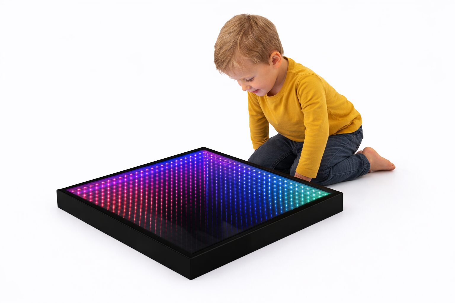 Panel LED Infinity 3D pokazujący efekt nieskończoności i zmieniające się barwy RGB w świetle terapeutycznym