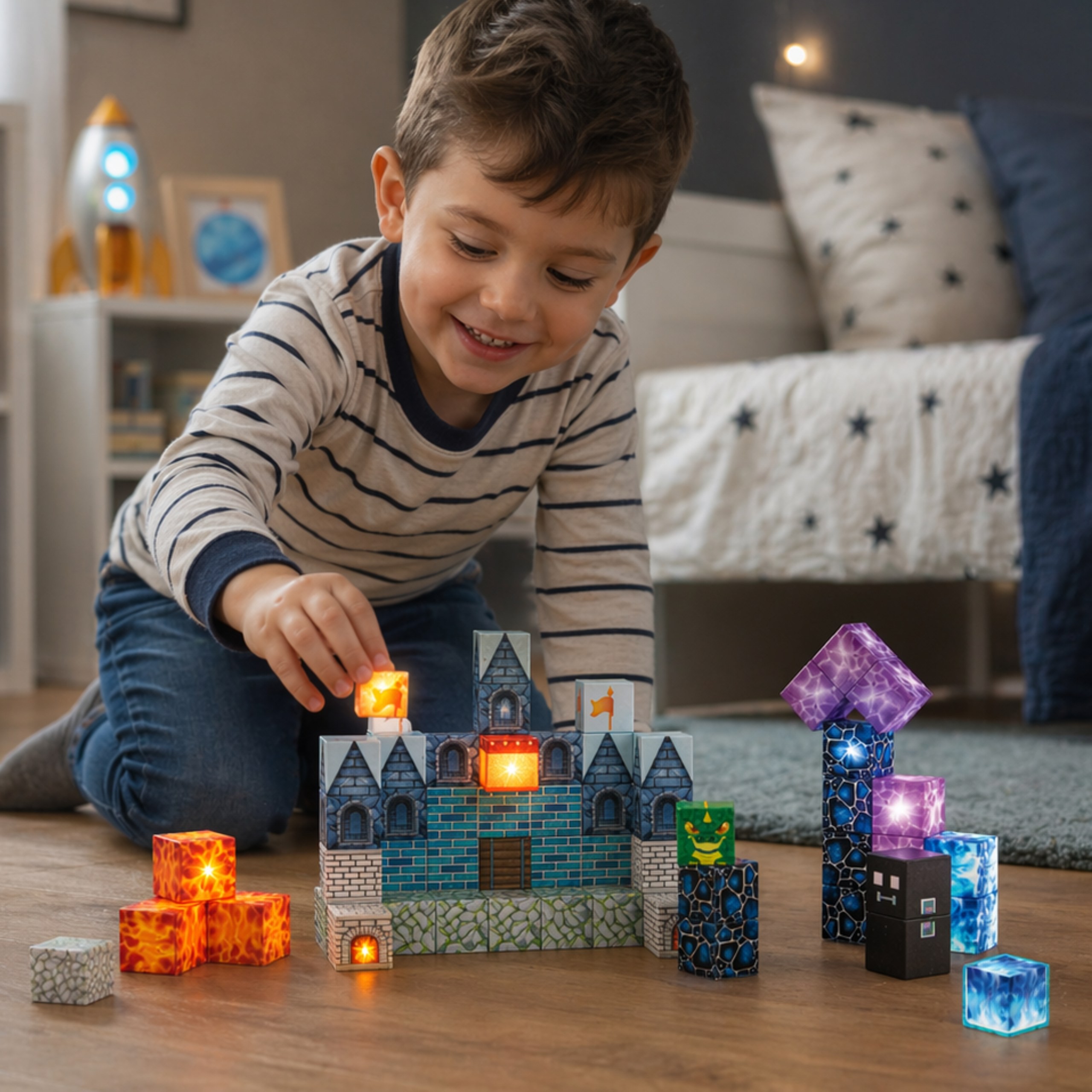 Klocki WOOPIE 2x2 cm z nadrukiem UV przedstawiające pikselowy zamek