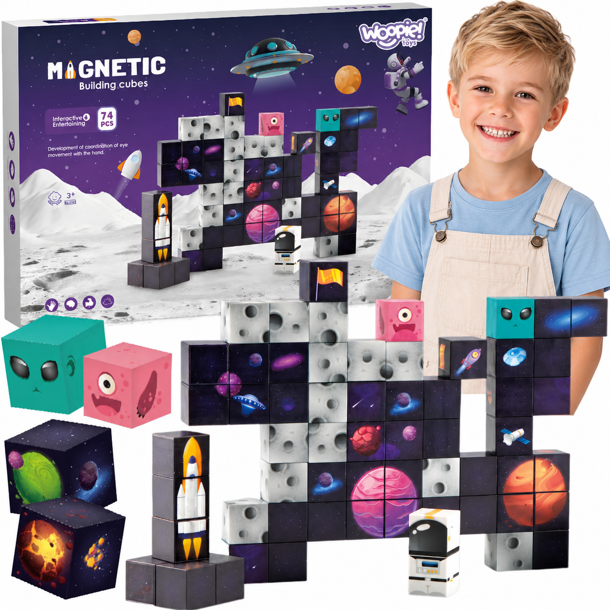 Magnetyczne kostki konstrukcyjne Kosmos WOOPIE - zestaw 74 elementów