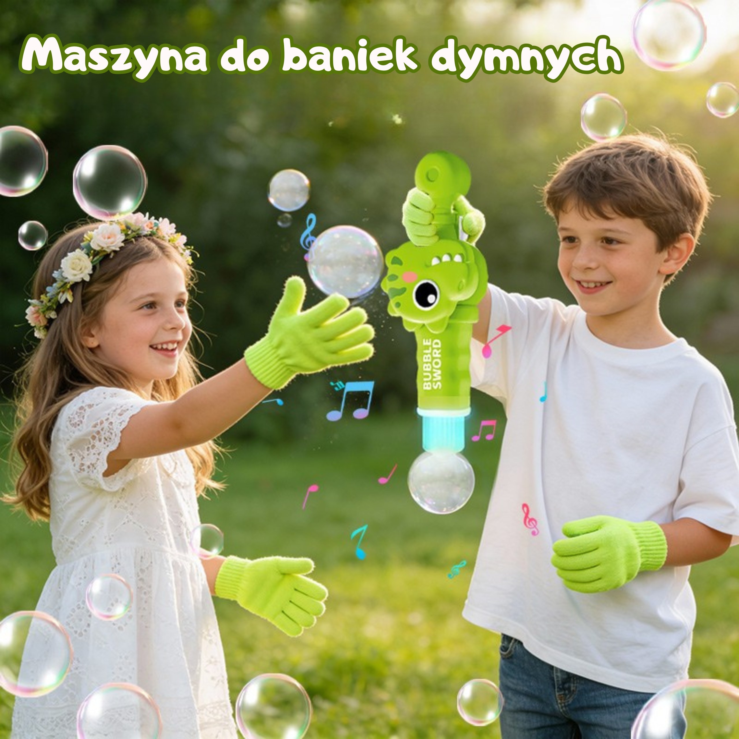 Zielony dinozaur WOOPIE generujący bańki z efektem mgły