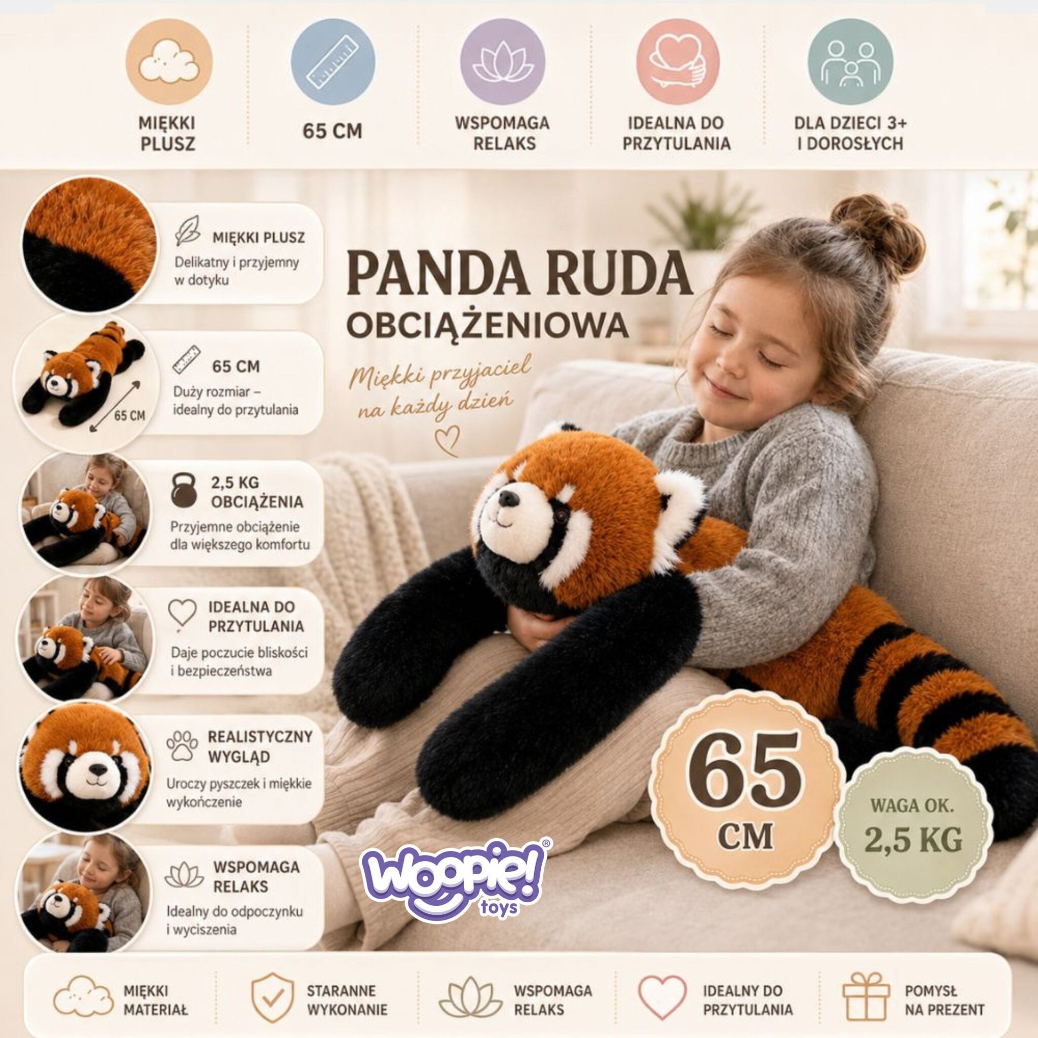 Zdjęcie leżącego pluszaka obciążeniowego Woopie Panda prezentujące miękką powierzchnię i proporcje misia wysokości 65 cm