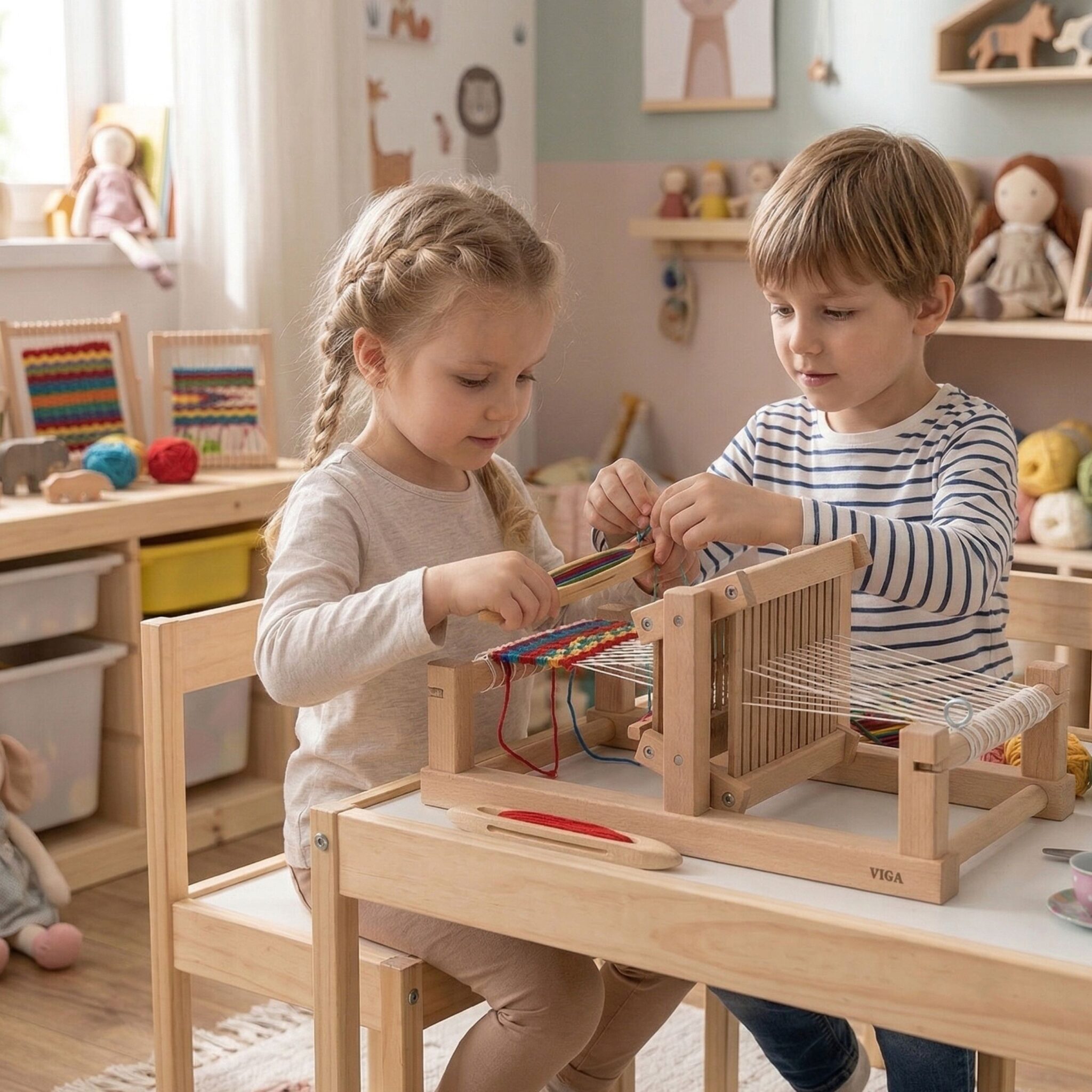 Zbliżenie na mechanizm krosna tkackiego VIGA z naturalnego drewna