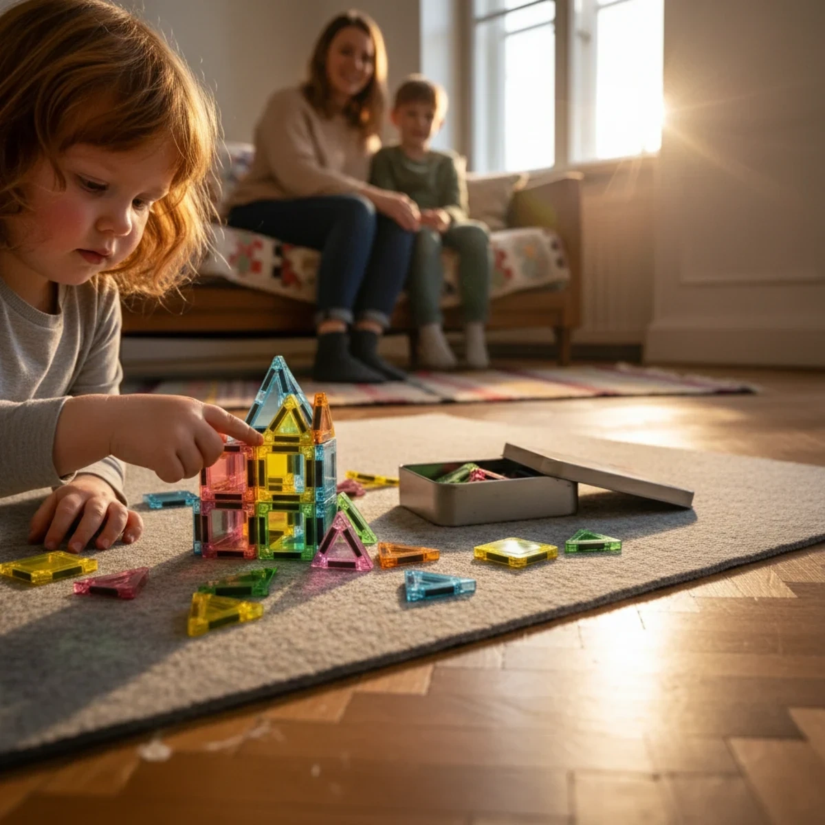 Magnetic Tiles Mini 30 el. – zbliżenie półprzezroczystych płytek w siedmiu kolorach
