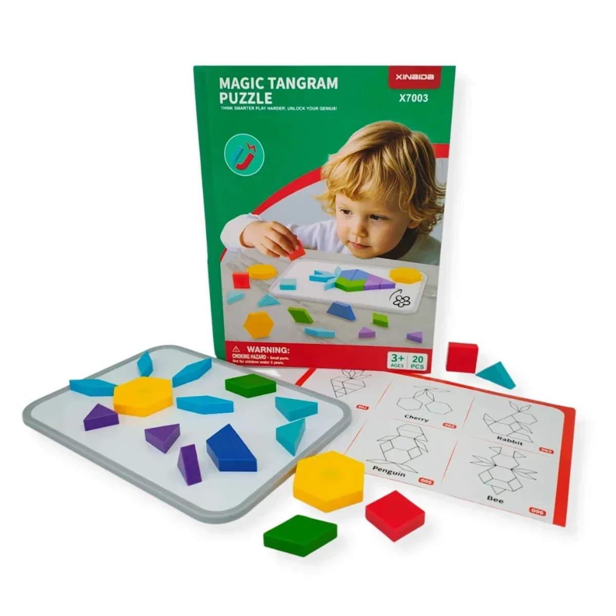 Klocki magnetyczne Tangram 20 el. układanka z tablicą X-Bida