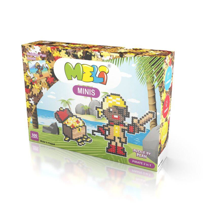 Klocki Meli Minis Pirate - pudełko i rozłożone elementy w kolorach pirackich