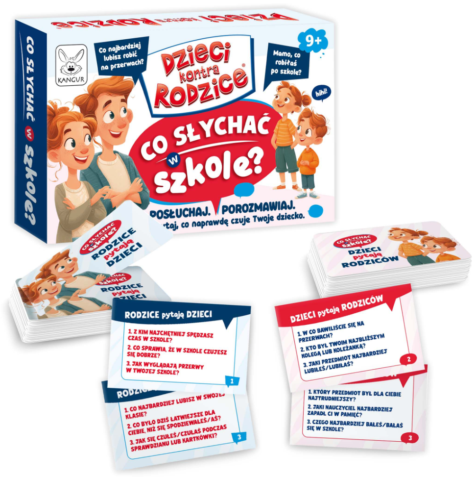 Gra karciana Dzieci kontra Rodzice Co słychać w szkole? KANGUR - pudełko i karty