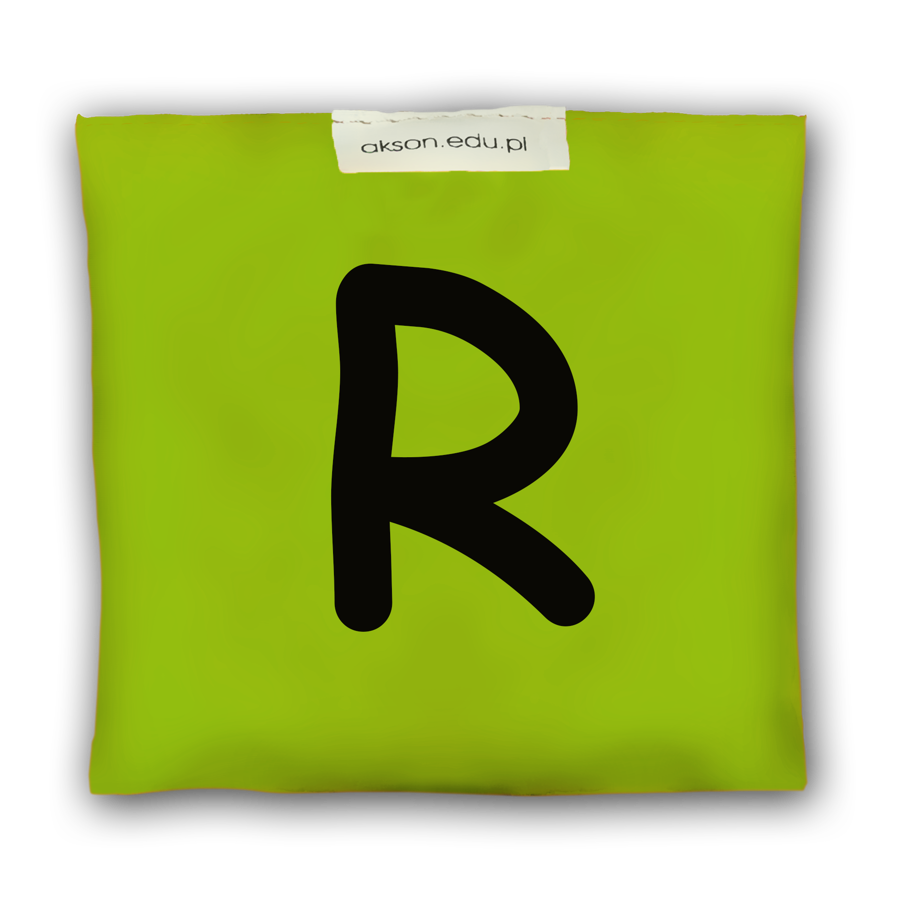 Woreczek gimnastyczny z literką R Akson — zielony, 10 cm x 12 cm, wypełniony granulkami polipropylenowymi