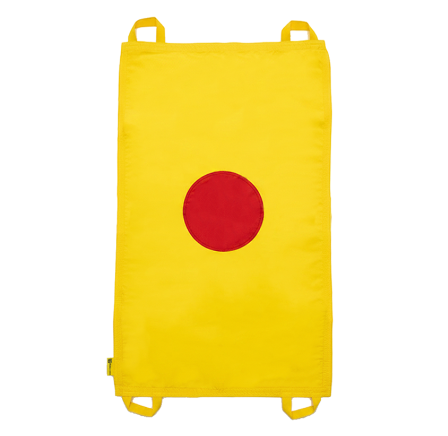 Mini chusta animacyjna 100 x 60 cm Akson — żółta z czerwonym kołem, widok z przodu