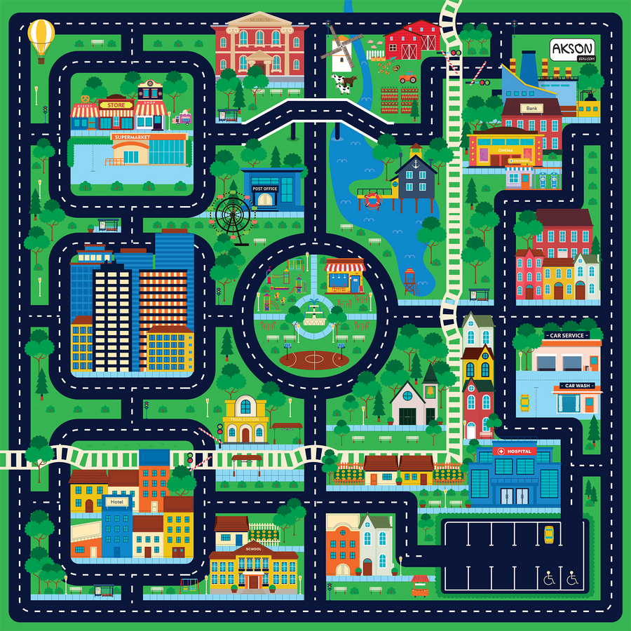 Mata animacyjna MIASTO 100x100 cm — widok z góry, kolorowy nadruk