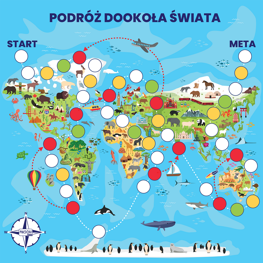 Mata gra planszowa PODRÓŻ DOOKOŁA ŚWIATA 100x100 cm — widok z góry, kolorowy nadruk