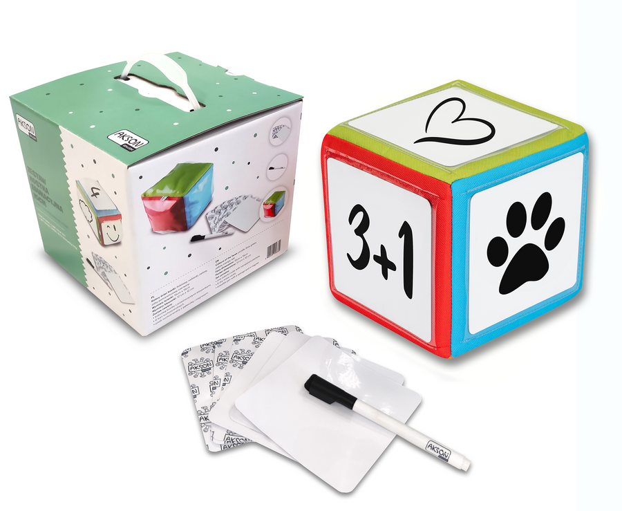 Kostka edukacyjna Akson — kostka 15x15x15 cm z kieszeniami i tablicami suchościeralnymi
