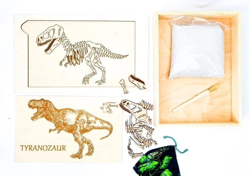 Zestaw Tyranozaur EDUBOBO z drewnianymi kośćmi i tacą do wykopywania