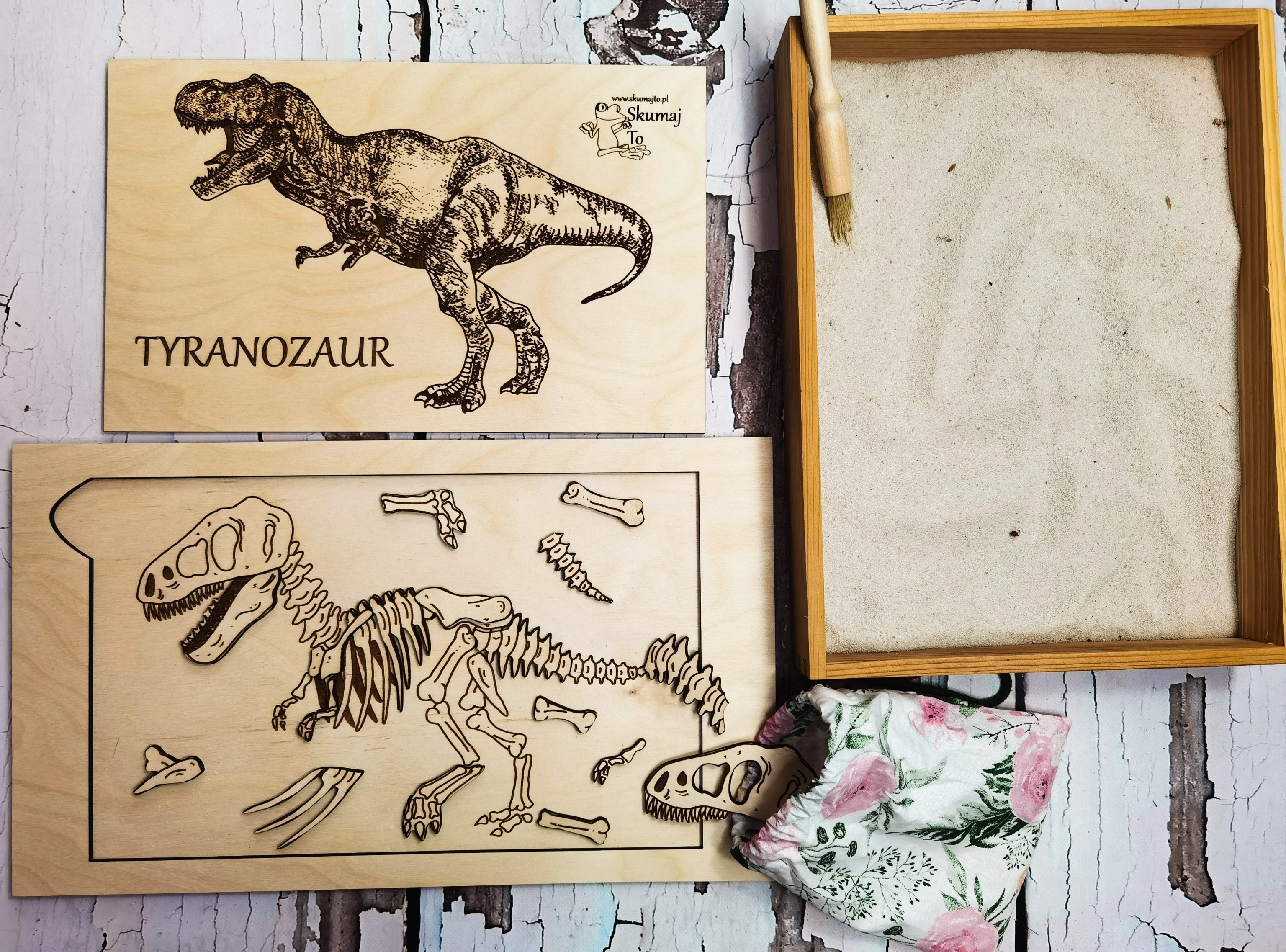 Drewniane kości Tyranozaura w piasku kwarcowym w zestawie EDUBOBO