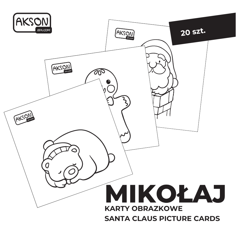 Karty obrazkowe MIKOŁAJ Akson — układ kilku kart z ilustracjami i motywem świątecznym