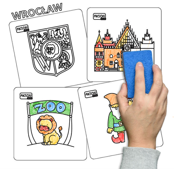 Karty suchościeralne WROCŁAW Akson — widok kilku kart z grafikami miasta, zestaw 15 szt.