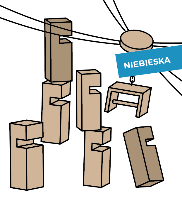 Detal: niebieskie linki dźwigu Wieża współpracy START i drewniane klocki — zbliżenie