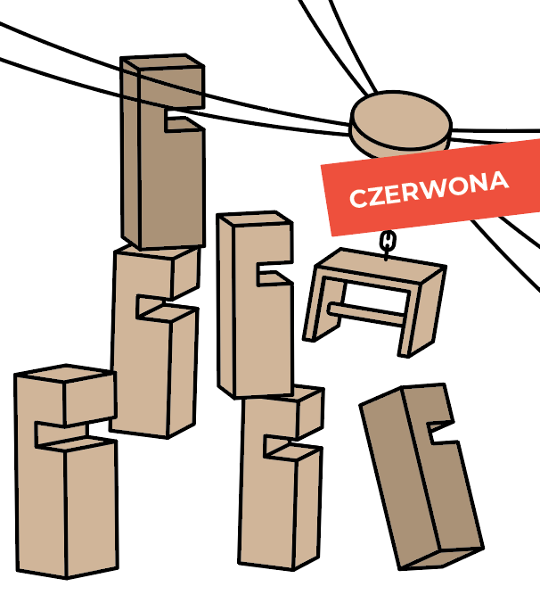 Zbliżenie na drewniane klocki ok. 17×6 cm i elementy zestawu Wieża współpracy Akson