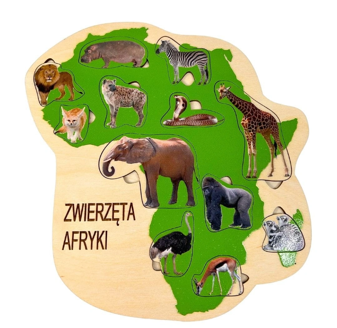 Drewniana układanka Zwierzęta Afryki EDUBOBO z ilustracjami przyrodniczymi