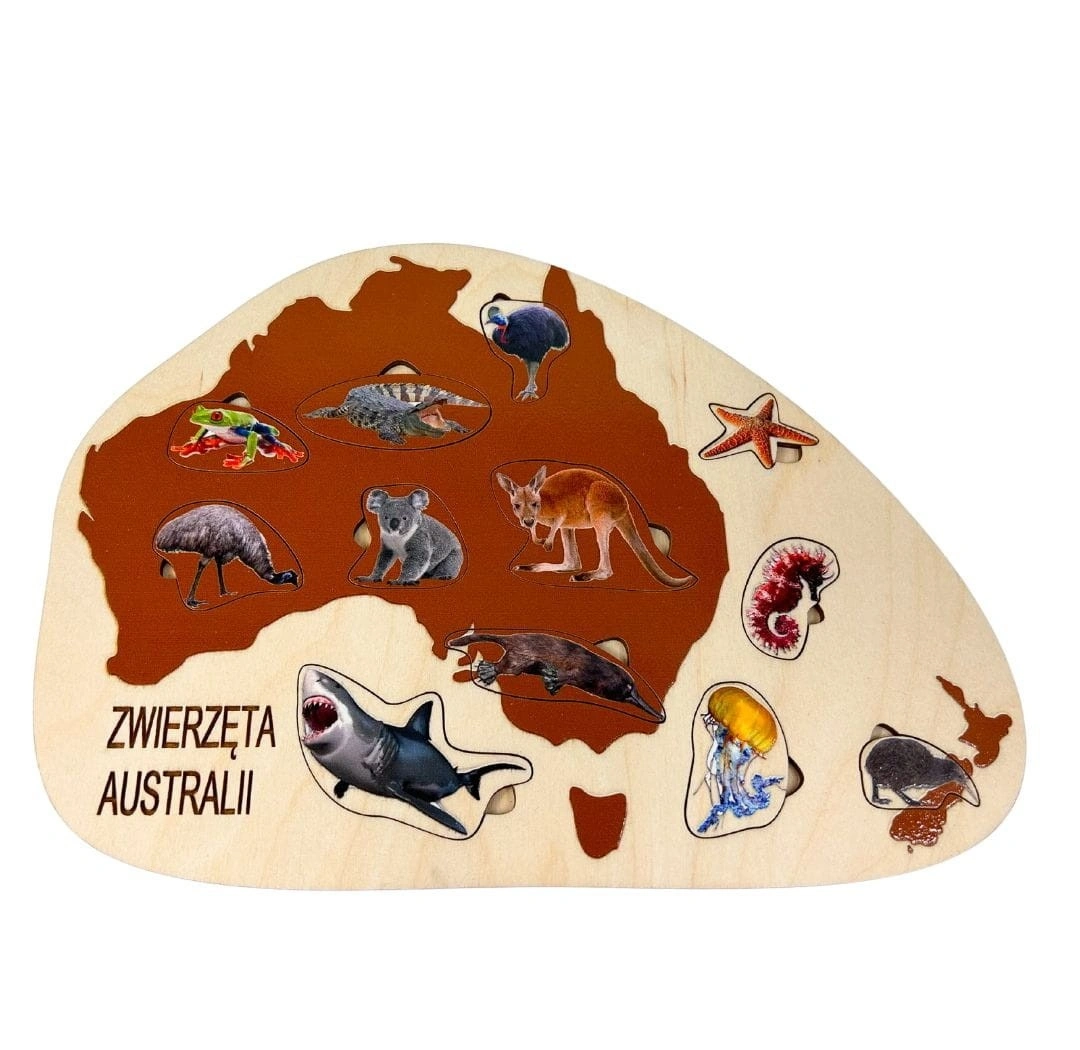 Drewniana układanka edukacyjna Zwierzęta Australii EDUBOBO z realistycznymi ilustracjami