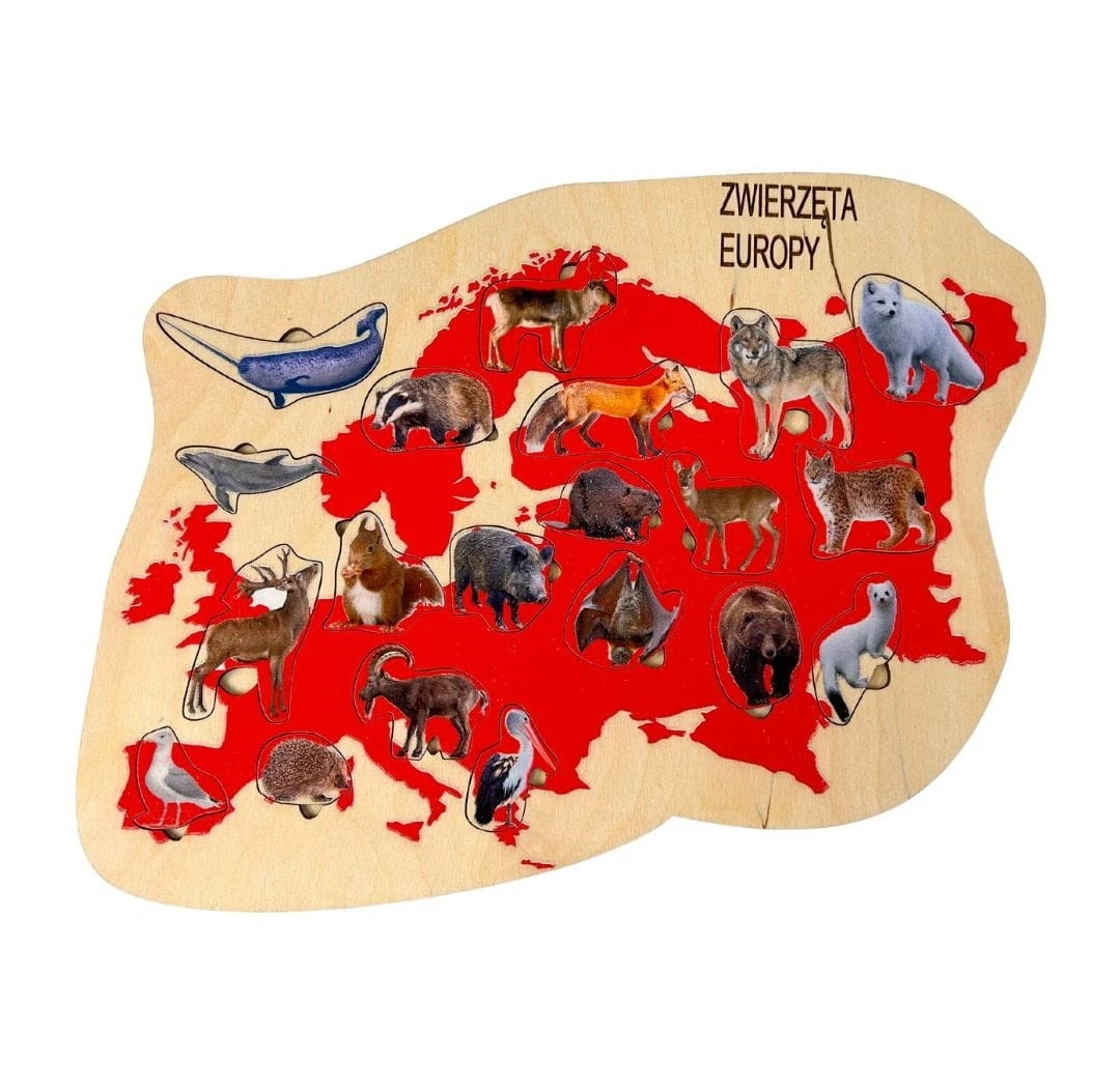 Drewniana układanka edukacyjna Zwierzęta Europy EDUBOBO z ilustracjami zwierząt