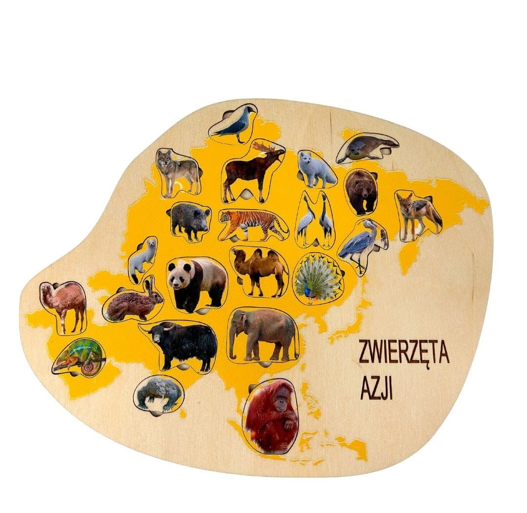 Drewniana układanka Zwierzęta Azji z realistycznymi ilustracjami fauny azjatyckiej