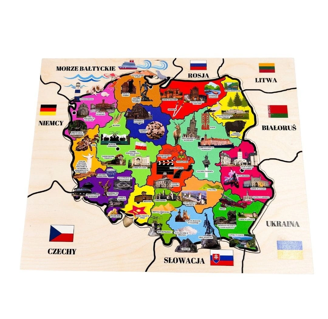 Trójwarstwowa drewniana mapa Polski EDUBOBO z herbami i nazwami województw