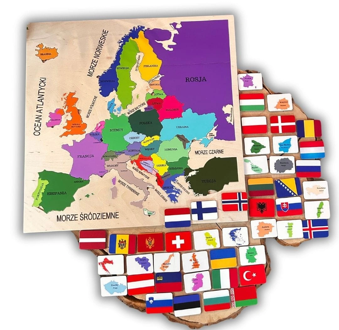 Drewniana mapa Europy EDUBOBO z wyjmowanymi państwami i flagami
