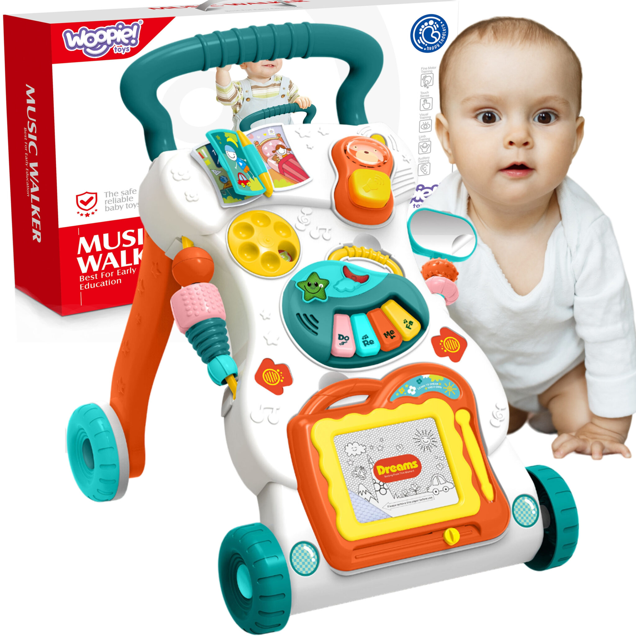Widok chodzika WOOPIE BABY z panelem edukacyjnym i znikopisem magnetycznym dla dzieci