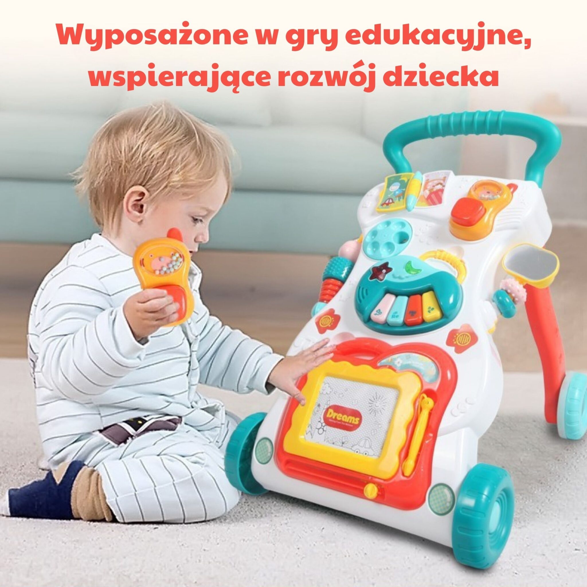 Zbliżenie na interaktywny panel edukacyjny chodzika WOOPIE BABY z pianinkiem i telefonem
