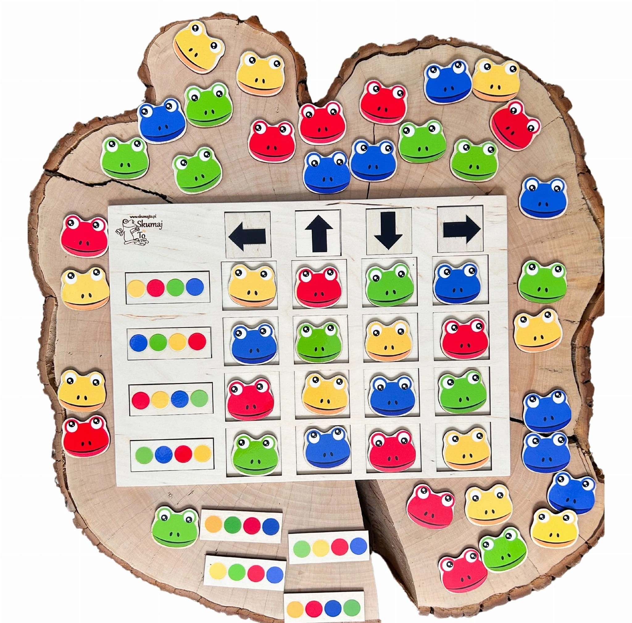 Kolorowe żabki edukacyjne EDUBOBO na drewnianej podstawie 45x35 cm do nauki kierunków