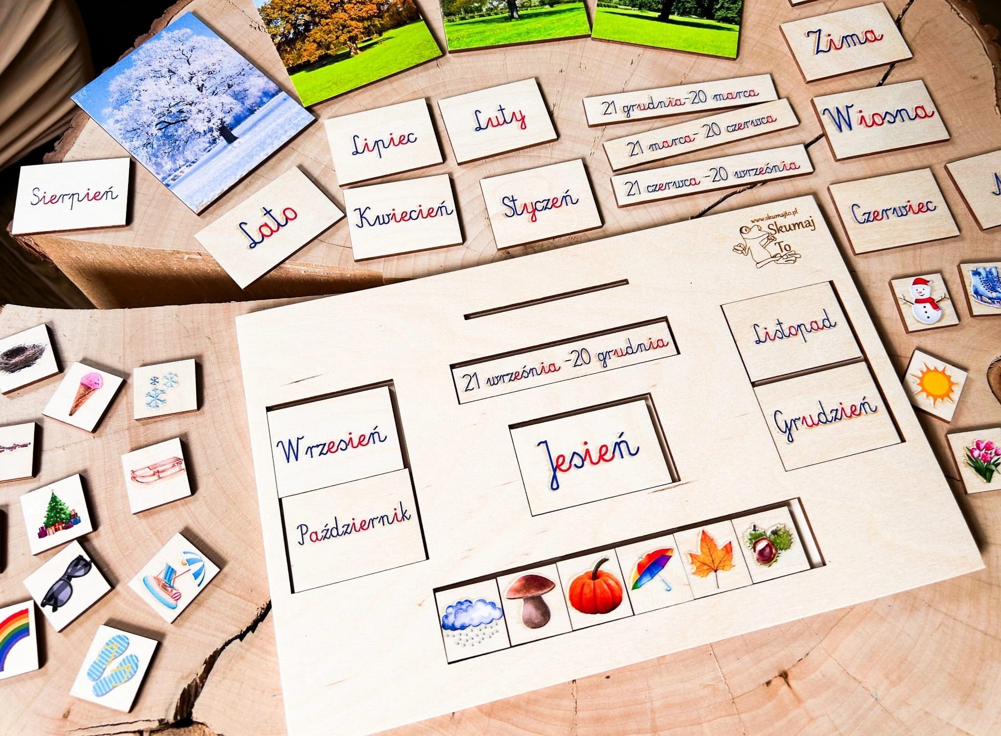 Elementy układanki Pory Roku EDUBOBO – detale drewnianych części i pismo Montessori