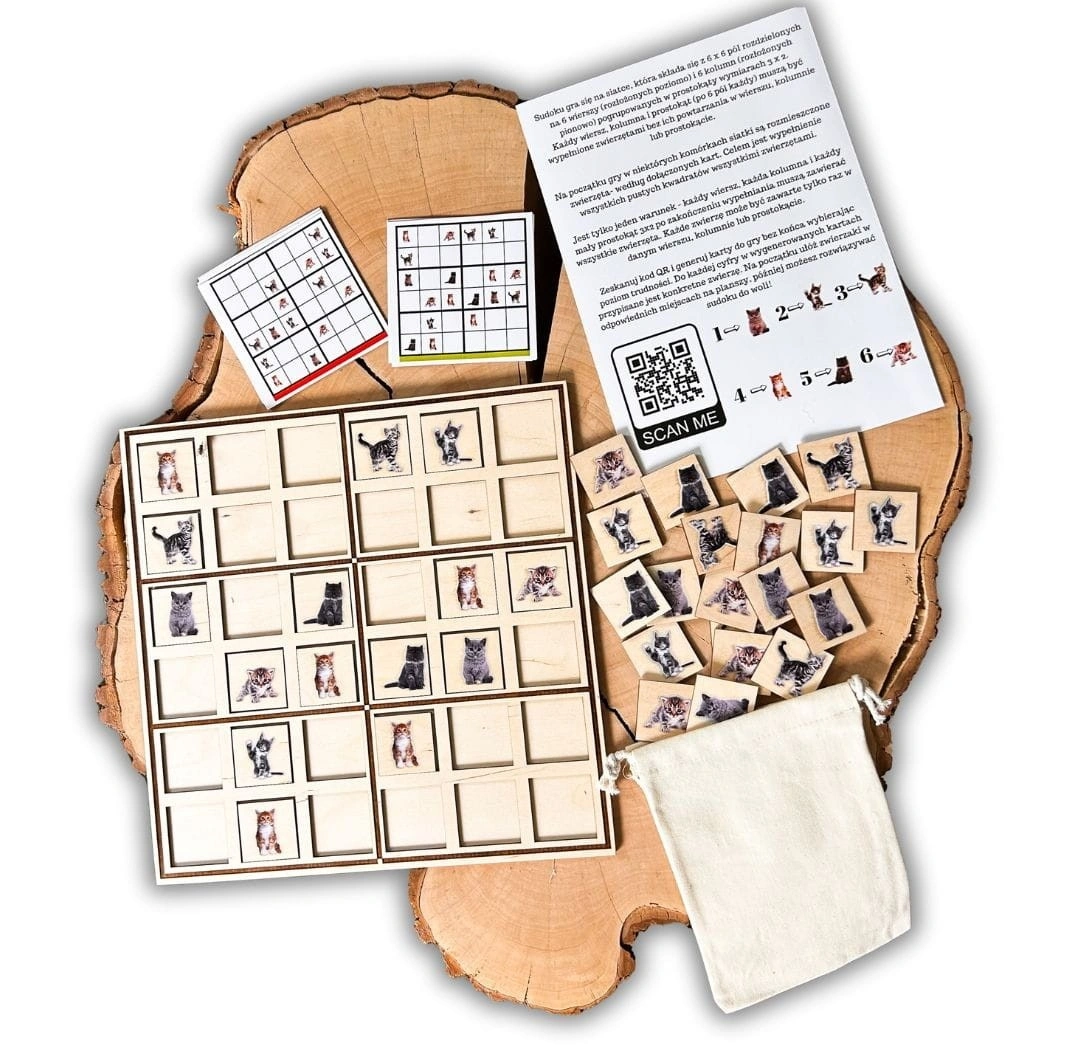 Drewniana gra Sudoku z kotami EDUBOBO - plansza i elementy w kolorze naturalnego drewna