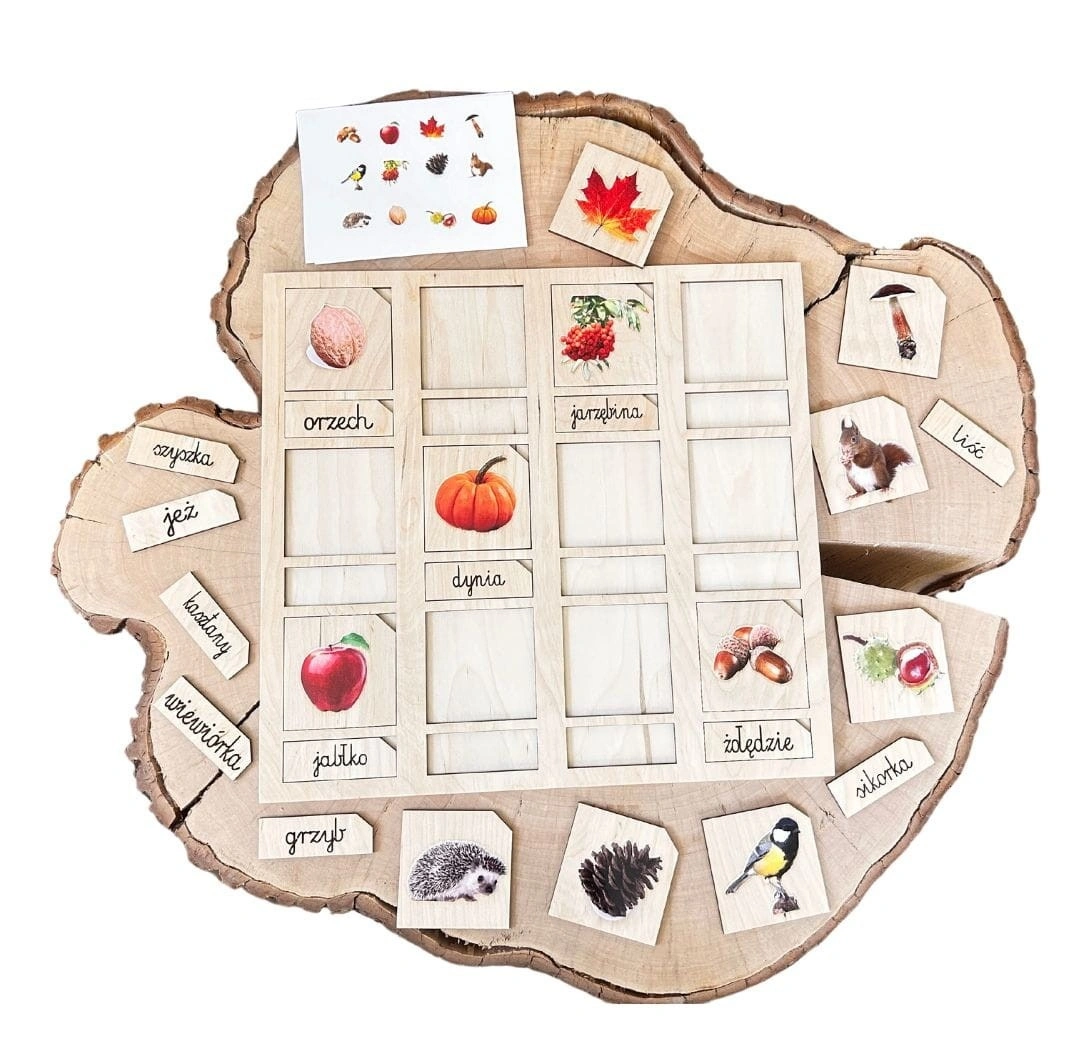 Drewniana układanka edukacyjna Skarby jesieni EDUBOBO na planszy 35x35 cm z naturalnymi elementami