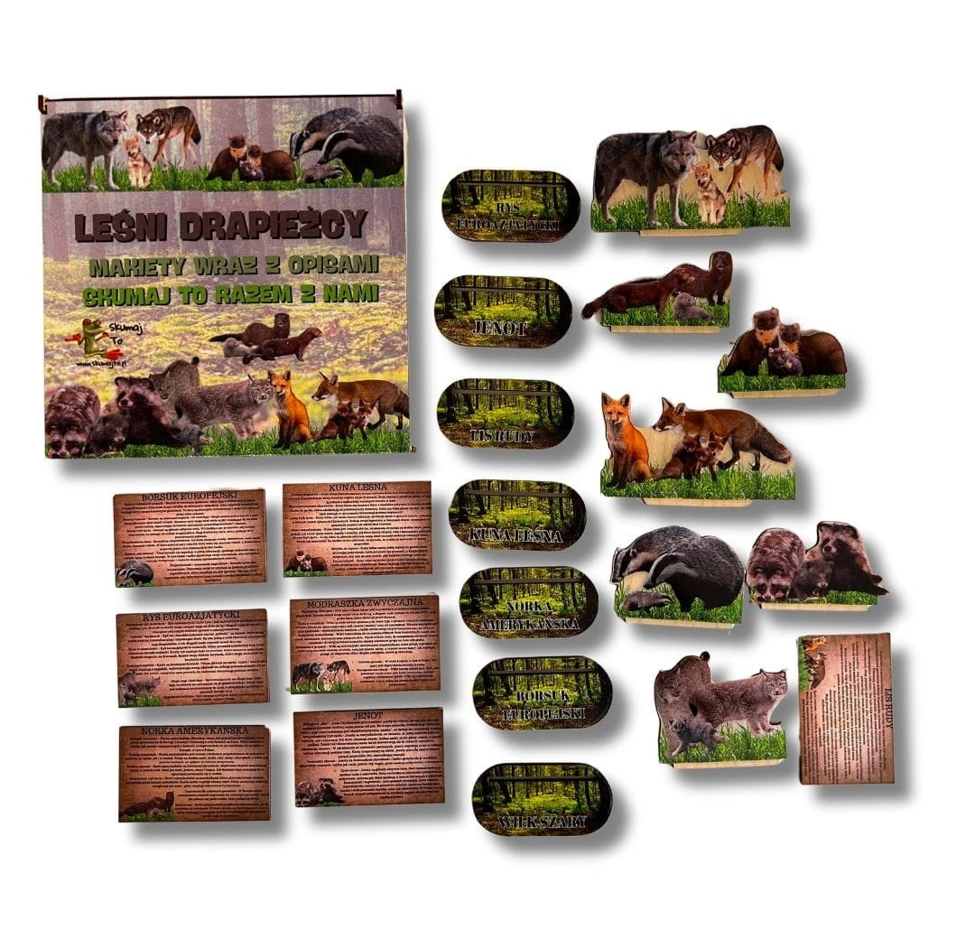Drewniana makieta Leśni drapieżcy EDUBOBO z kartami edukacyjnymi 10x6 cm