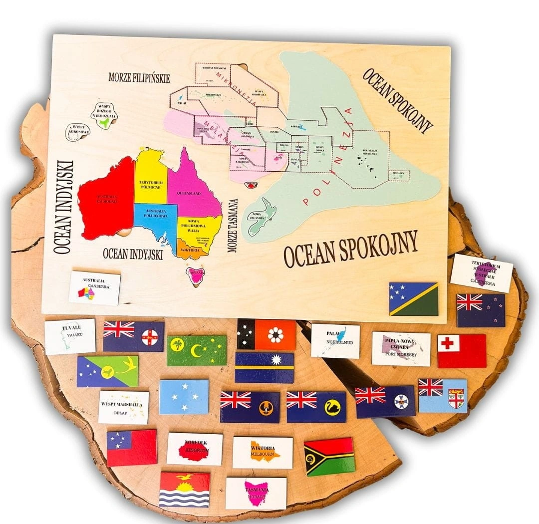 Drewniana mapa Australii i Oceanii 50x40 cm z flagami edukacyjnymi EDUBOBO