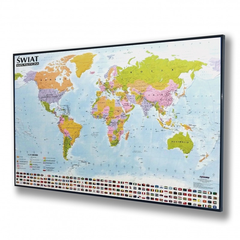 Mapa świata polityczna na korku 138x97 cm KARTA z ramą aluminiową w kolorze czarnym