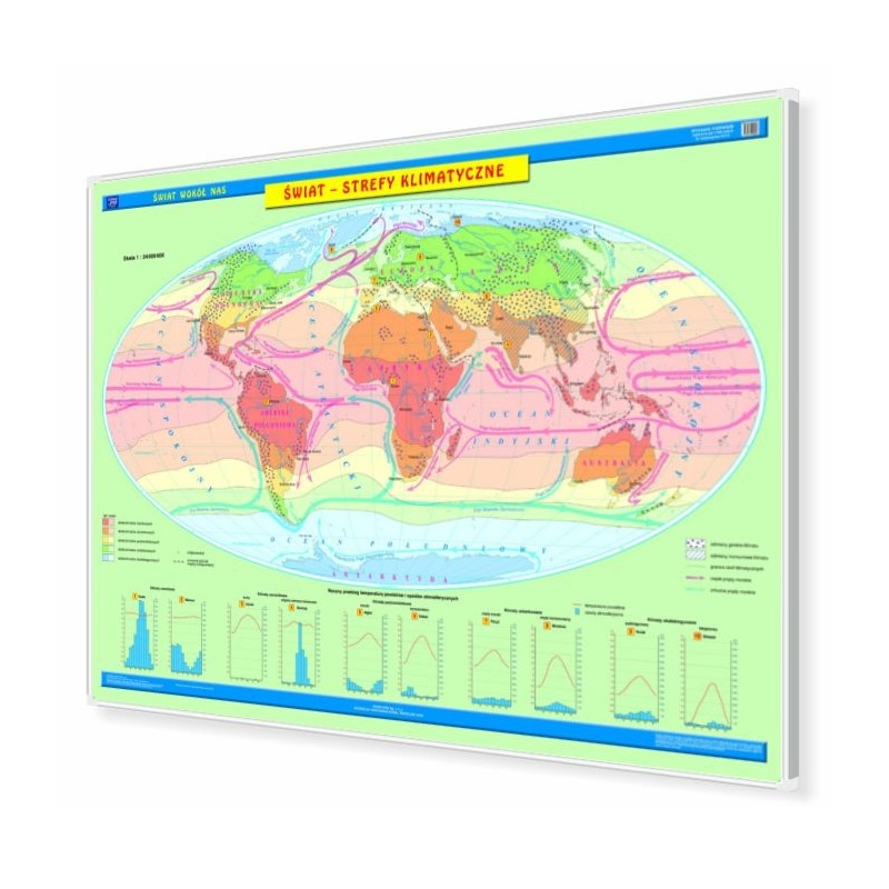 Mapa stref klimatycznych świata 160x120 cm KARTA na korku do wpinania z ramą aluminiową
