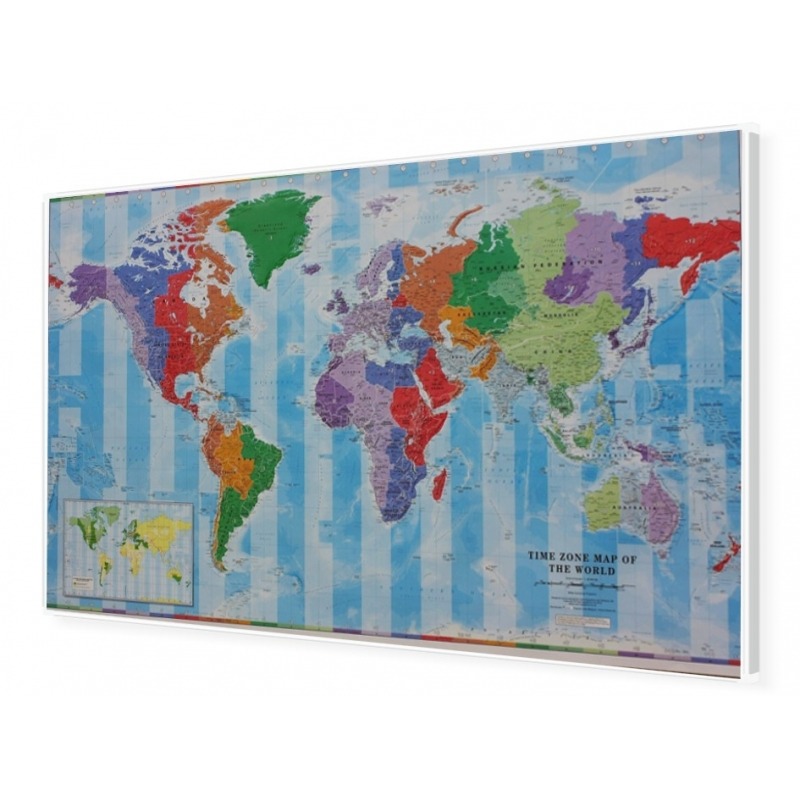 Polityczna mapa świata ze strefami czasowymi do wpinania KARTA 140x80 cm