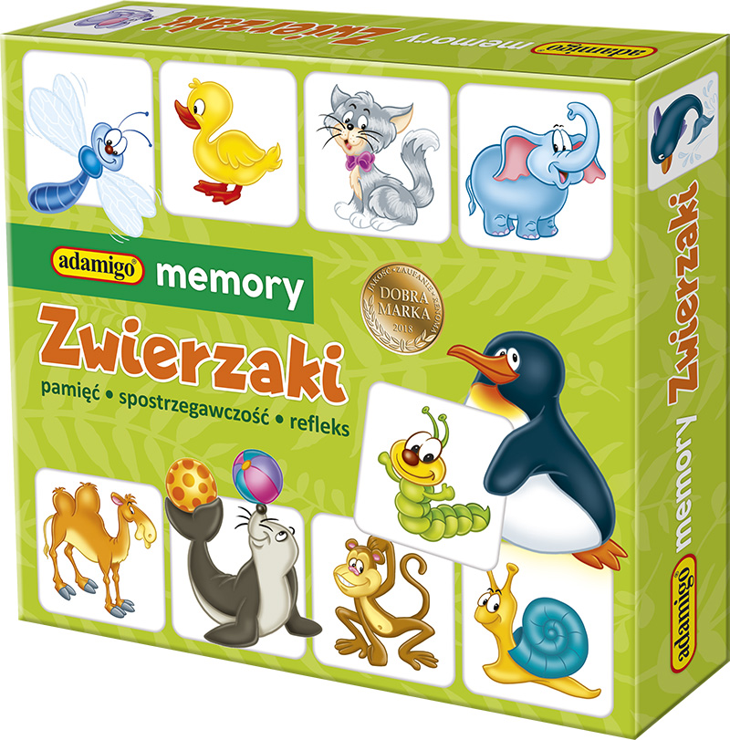 Gra Memory Zwierzaki ADAMIGO kolorowe kartoniki z ilustracjami zwierząt